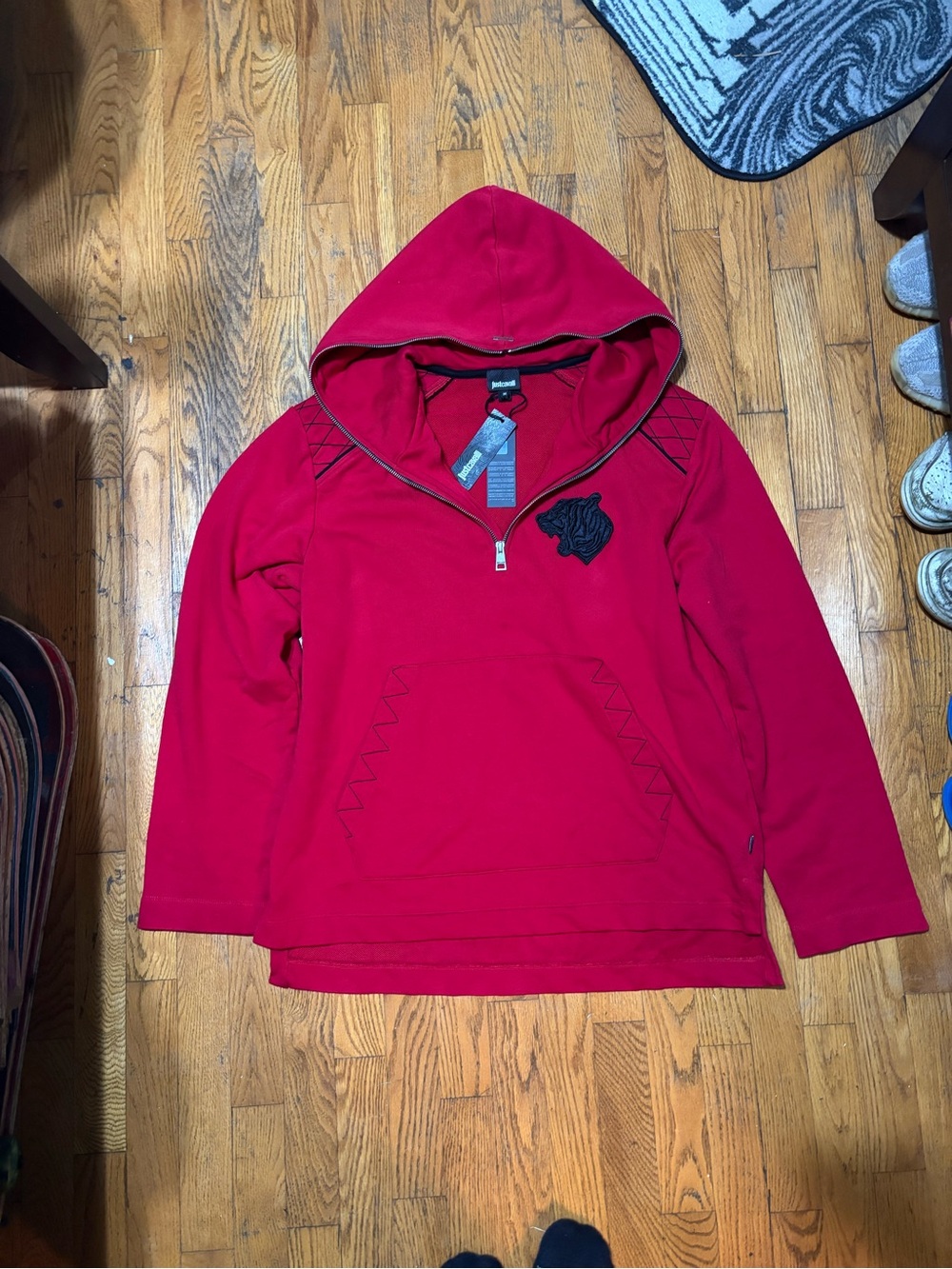 Just Cavalli Red Hooded Half-Zip Sweatshirt with Black Patch